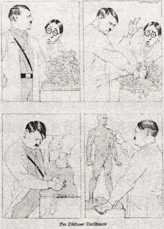图21 1933年的纳粹漫画。漫画将希特勒描绘成要创造完美人类的雕塑家。至于旁边戴眼镜的自由主义知识分子,则因为过程中需要用到的暴力而怯怯懦懦无法动手。(也请注意,画中对人体有着情色的崇拜。)
