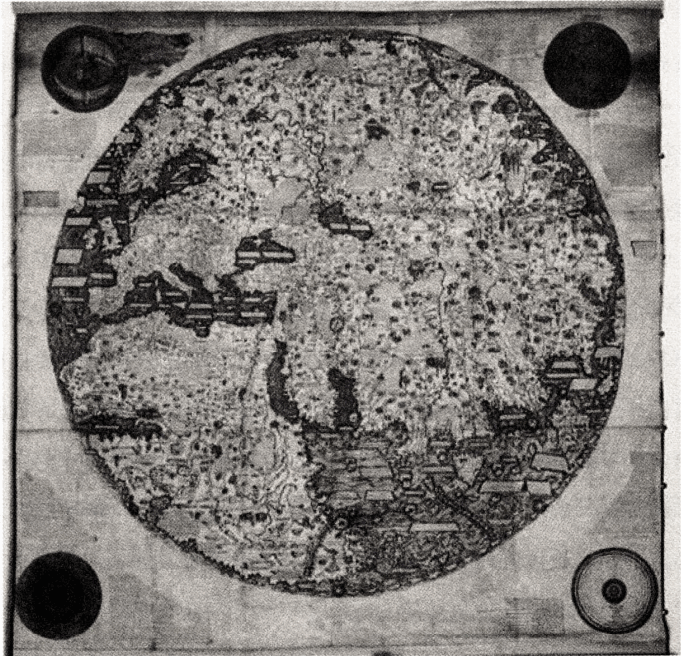 图23 1459年欧洲人的世界地图。可以看到地图上似乎巨细靡遗，就算是当时欧洲人根本一无所知的南非地区，都有密密麻麻的信息。