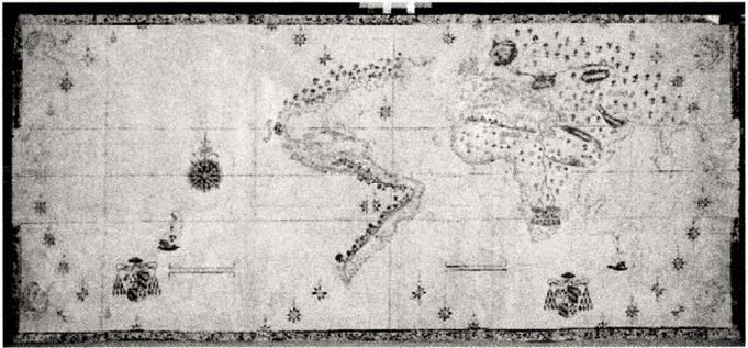 图24 1525年的萨尔瓦提世界地图（Salviati World Map）。1459年版的世界地图上画满了各个大陆、岛屿，而且还有详细的解释，但萨尔瓦提地图则有大片留白。我们可以看到美洲的海岸线一路向下之后，接着就是一片空白。任何人只要有一点点的好奇心，看到这份地图之后一定会问：“在那后面有什么呢？”地图上没有答案。这就像是一份邀请，请读者亲身起航、一探究竟。