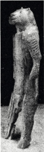 图4 从德国施泰德（Stadel）洞穴发现的象牙制“狮人”雕像（也有可能是“女狮人”，大约距今32000年）。雕像有着人身狮头，这大概是最早能无疑认定为艺术品的物品之一。同时，也最早证明人类可能出现了宗教，以及能够想象出不存在的事物。