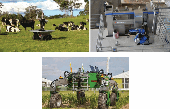 图2-43 放牧机器人（左上）、挤奶机器人（右上）和农业机器人BoniRob（下）
