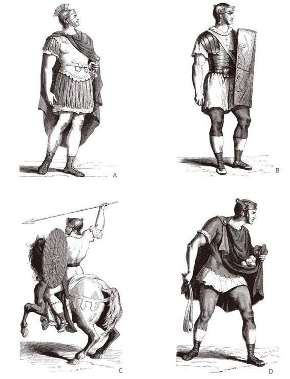 罗马士兵的服装</p><p>A. 百人队队长 B. 重装步兵 C. 骑兵 D. 轻装步兵