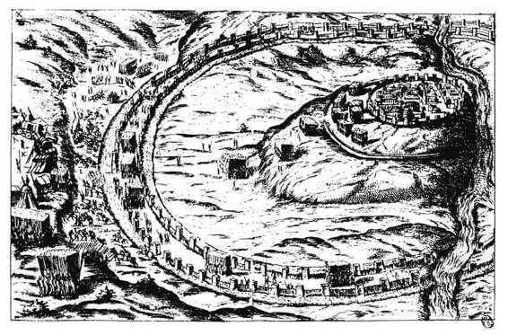 由文艺复兴时期建筑家安德烈· 帕拉迪欧绘的《高卢战记》插图中的阿莱夏攻防战图