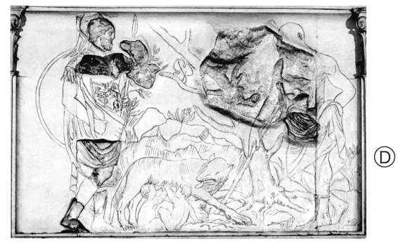 西北侧浮雕：给罗马的建国者罗穆路斯和瑞摩斯喂奶的母狼和发现并抚养他们长大的羊倌以及他们的父亲马尔斯天神