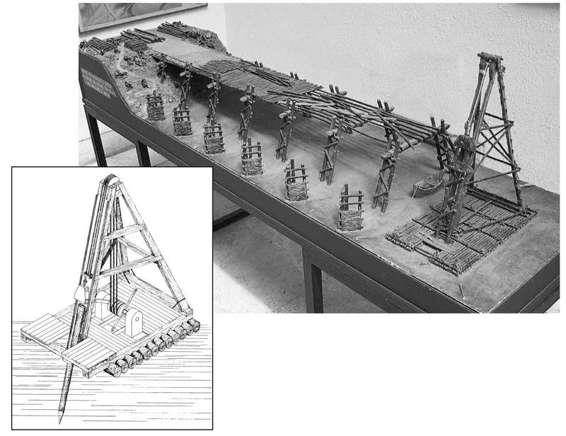 凯撒在莱茵河上建造的木桥复原模型。左为在河底打桩的机械 （摘自Vittorio Galliazzo, “I Ponti Romani”）