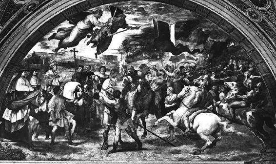 教皇（左边头戴三重冠骑马者）说服阿提拉从罗马撤兵（拉斐尔画）