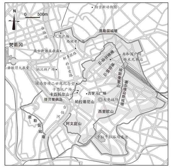 现代罗马街道与古罗马城墙重合图