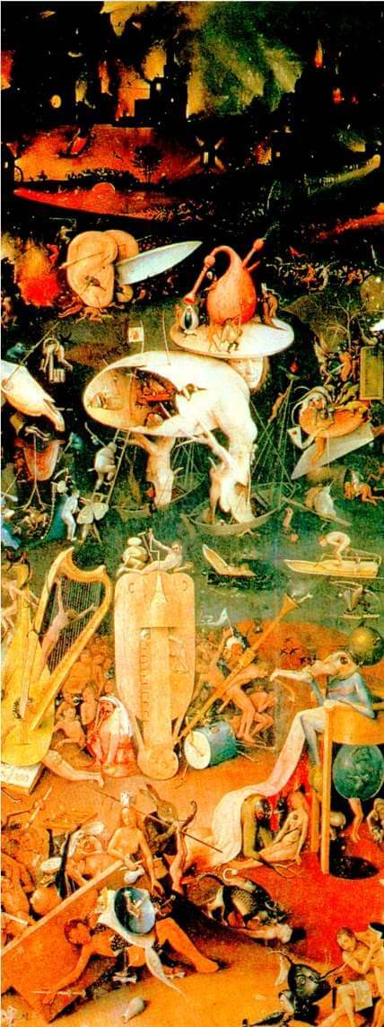 导致西医落后、愚昧的罪名应算在中世纪教会的头上。教会禁止医生进行活体解剖，也禁止对尸体解剖，因为人体是神圣的，上帝的子民不应该碰触可耻的器官。这意味着，作为所有医学知识的基石的解剖学和生理学无法在实践中取得进步。医生们知道所有古希腊疾病的名称，也能据此将疾病归类，但就是不能治好疾病。这幅油画描绘的地狱惨景中有许多被肢解了的人体器官，这些器官是不准确的，因为画家缺乏解剖知识，另一方面，有两三处画面出现了当时的医疗器械，可以据此推之，得出医术如同地狱刑罚一样恐怖的一般知识。