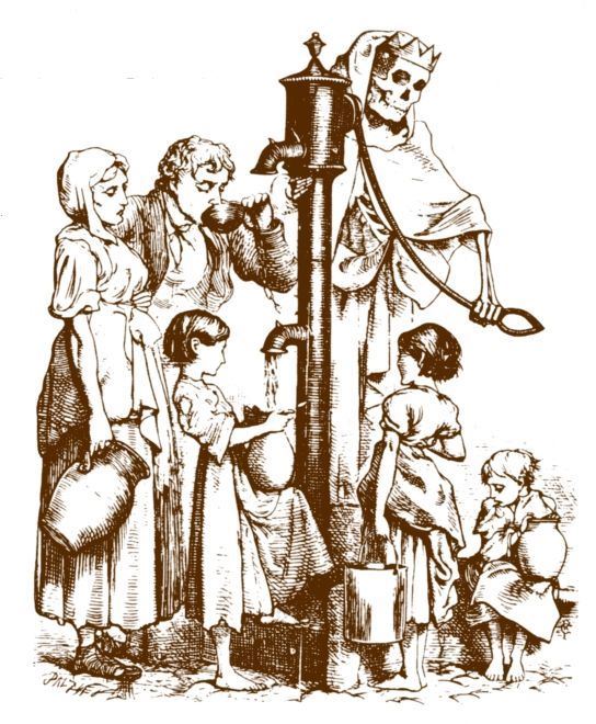 死亡之水。1866年，伦敦的斯诺医生的观念最终获得了医学界的确认，人们这才知道含有霍乱病菌的污水是霍乱传播的元凶。人们终于明白1854年的伦敦霍乱流行的原因，那就是布罗街公共水泵抽出的水含有致命病毒。