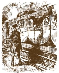 美国科普读物《病灶》的插图。一列火车停靠在闹疟疾的城市车站，惊恐的乘客在打探实情。