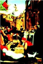 教堂壁画作品。描绘了1352年的瘟疫，感染者被裹得严严实实，向神求助。