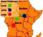 埃博拉病毒在非洲的分布图。