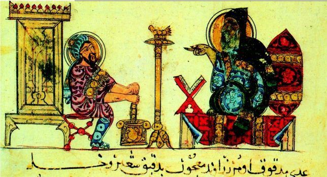 这幅细密画表现的是古代的医师在教导他的学生调配药物的场面。当瘟疫降临时，医的对象，因为一般性的治疗不再起作用，滥用药物的结果是加速了更多人的死亡。