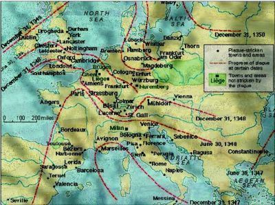 中世纪黑死病在欧洲版图上的分布和流行路线