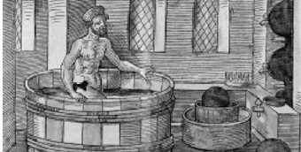 浴盆中的阿基米德传说阿基米德在洗澡时受到了启发，发现了有名的浮力定律，即浸在液体中的物体受到向上的浮力，其大小等于物体所排出液体的重量。