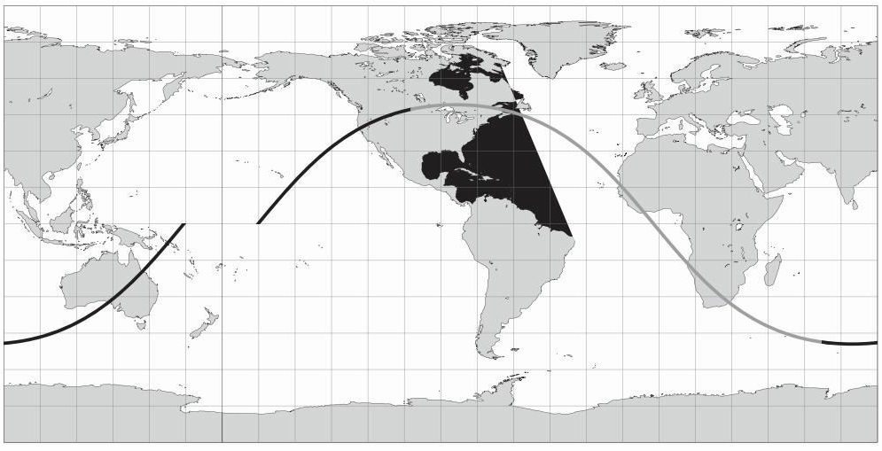  上面的曲线显示的是国际空间站绕地球运行接近一周的轨道