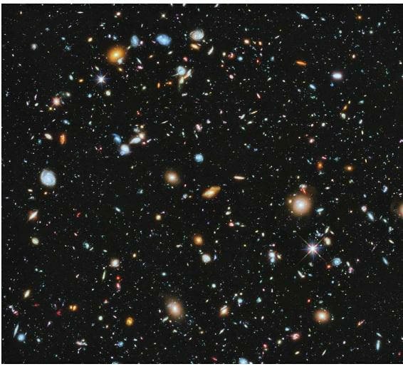 哈勃超深空（Hubble Ultra Deep Field）项目拍摄的图像，其中每一个天体都是一个独立的星系