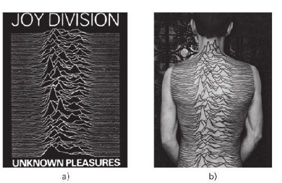 a)英国后朋克乐队Joy Division发行的专辑Unknown Pleasures的封面；b)根据这个专辑封面创作的人体艺术