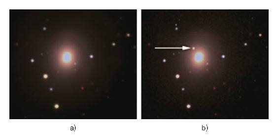 a)千新星爆发前的星系NGC 4993（照片有点曝光过度）；b)箭头所指就是千新星