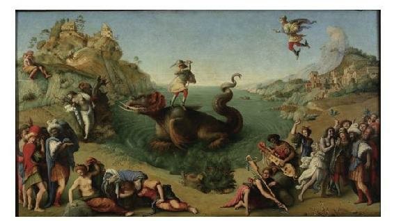 《珀耳修斯解救安德洛墨达》[意大利画家皮耶罗·迪·科西莫（Piero di Cosimo）绘]，画中的恶龙神态栩栩如生