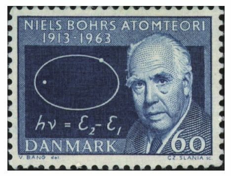 丹麦发行的邮票，以纪念丹麦物理学家玻尔提出原子模型50周年