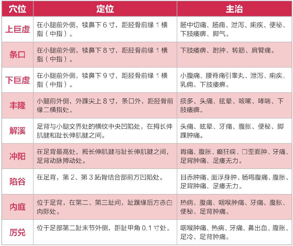 足阳明胃经穴位表