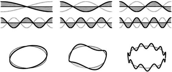 开弦（上）和闭弦（下）的一些振动方式