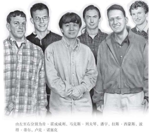 1991 年的PayPal团队由左至右分别为肯·霍成威利、马克斯·列夫琴、潘宇、拉斯·西蒙斯、波得·蒂尔、卢克·诺塞克