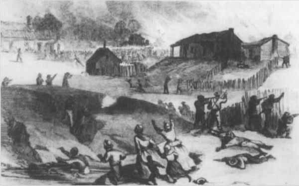 孟菲斯骚乱这幅图反映了在1866年田纳西州的孟菲斯骚乱中，一群武装白人袭击了附近的黑人居住区
