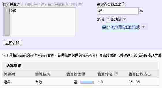 关键字“隆鼻”在百度中的竞价费用估算