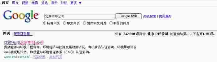北京中环公司网站在Google搜索结果中的摘要信息 北京中环公司网站在Google搜索结果中的摘要信息