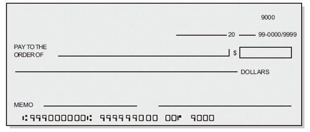 银行支票样张，请注意位于底部的数字