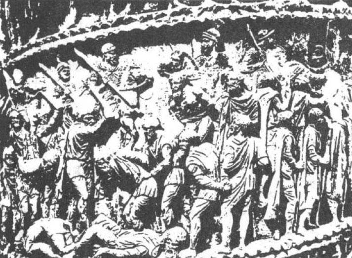 一幅浮雕的局部：被罗马士兵斩首的日耳曼贵族