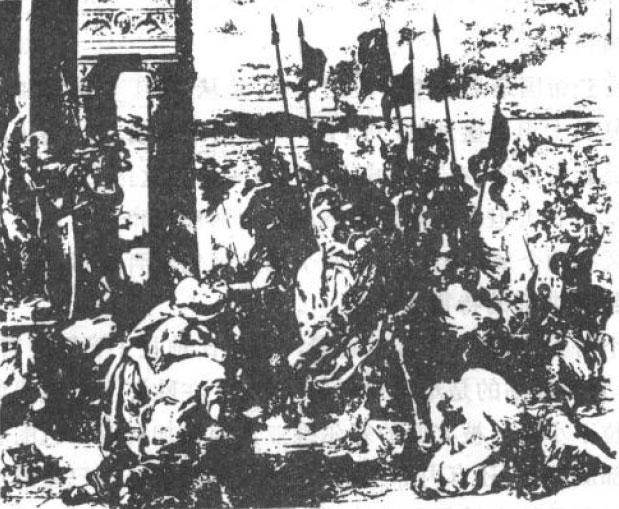 1204年春，十字军在佛兰德的鲍德温德指挥下占领了君士坦丁堡城，烧杀抢掠三日整。这是19世纪欧仁·德拉克罗瓦所作的一幅绘画中的情景