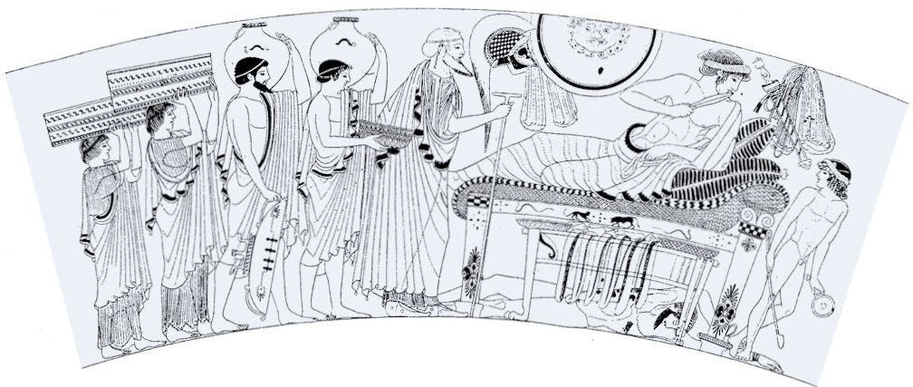 普里阿摩斯恳求阿喀琉斯归还赫克托耳的尸体，画面中的普里阿摩斯趴在阿喀琉斯的床下以示卑微