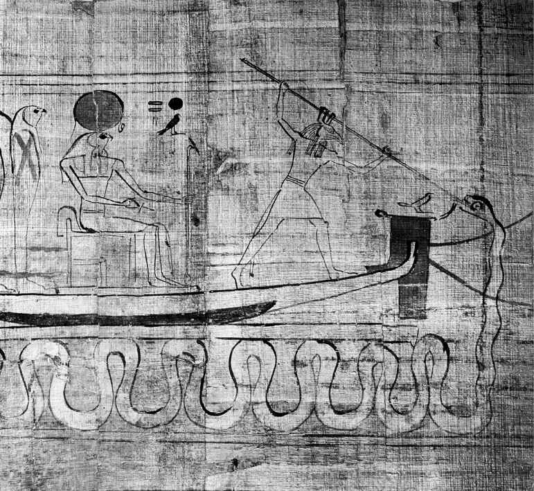 塞特在太阳神的太阳船船首处用鱼叉叉混沌之蛇阿波斐斯