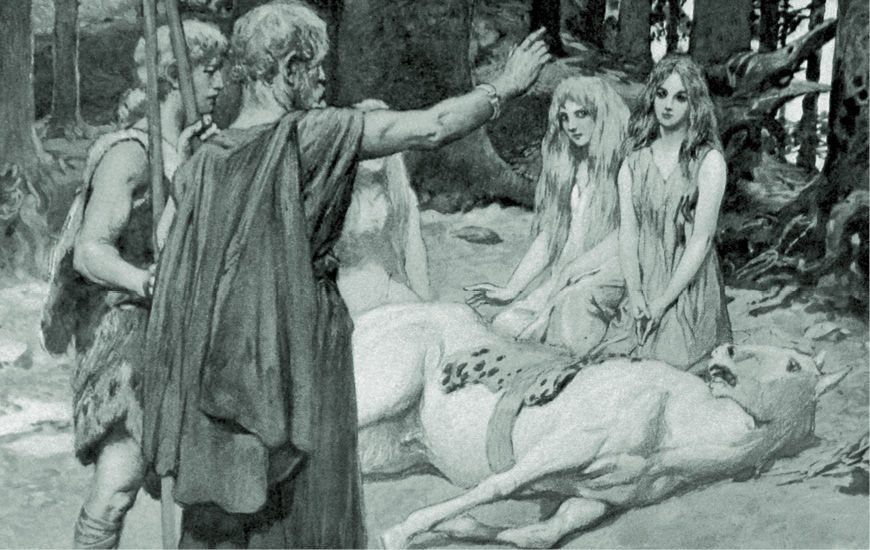 弗丽嘉、她的侍女、巴德尔和奥丁一起照料巴德尔受伤的马