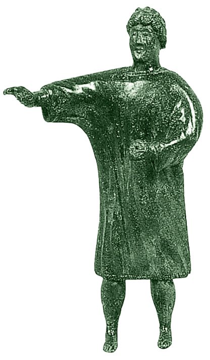 铁器时代晚期的青铜雕像，一个男人拿着一个像鸡蛋一样的物体，也许是一位德鲁伊的鸡蛋，这是一个用于预言的物体，来自法国的纽瓦文-恩-苏利亚斯
