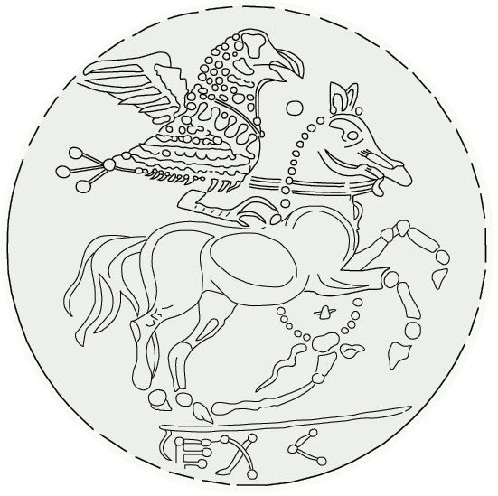 阿莫里卡铁器时代金币，描绘了一匹背上栖息着巨型乌鸦的马的画面