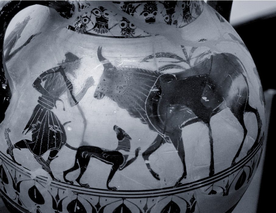 一个产于公元前6世纪的双耳陶罐上赫尔墨斯偷走母牛伊娥的画面
