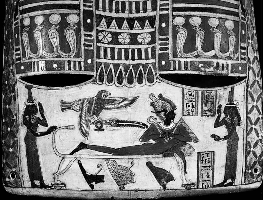 奥西里斯神躺在停尸床上，伊西丝（右）与涅斐提斯（左）哀悼他的死亡