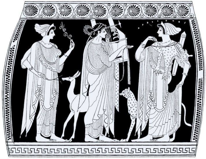 手持里拉琴的阿波罗站在他的母亲与脚下躺着豹子的阿尔忒弥斯之间