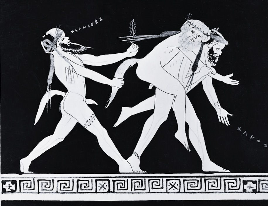 嬉戏的萨梯，一个制于公元5世纪的红色花瓶上的画面