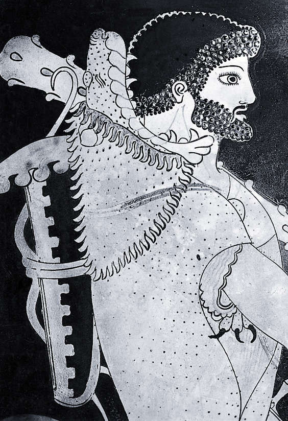 赫拉克勒斯穿着自己标志性的狮子皮，手持棍棒，这是一只约公元前480年制造的花瓶上的画面