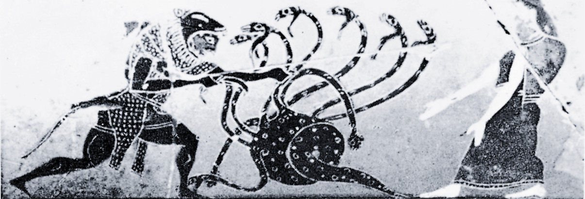 赫拉克勒斯在与多头的许德拉的搏斗中取胜