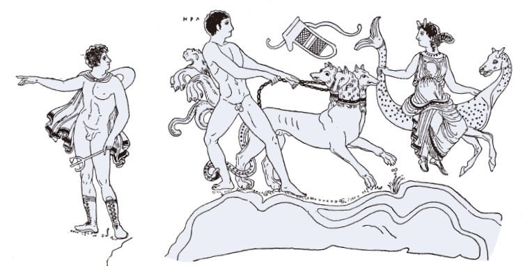 在一群下级神的注视下，赫拉克勒斯牵着刻耳柏洛斯去遛了个弯