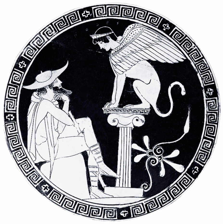 公元前9世纪酒杯上的俄狄浦斯和斯芬克斯