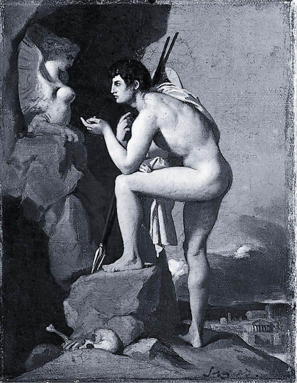 安格尔画作中的俄狄浦斯沉思着斯芬克斯的谜题